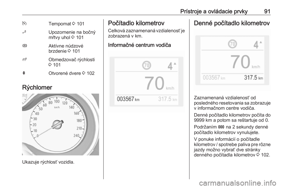 OPEL GRANDLAND X 2019  Používateľská príručka (in Slovak) Prístroje a ovládacie prvky91mTempomat 3 101BUpozornenie na bočný
mŕtvy uhol  3 101ØAktívne núdzové
brzdenie  3 101ßObmedzovač rýchlosti
3  101hOtvorené dvere  3 102
Rýchlomer
Ukazuje r�