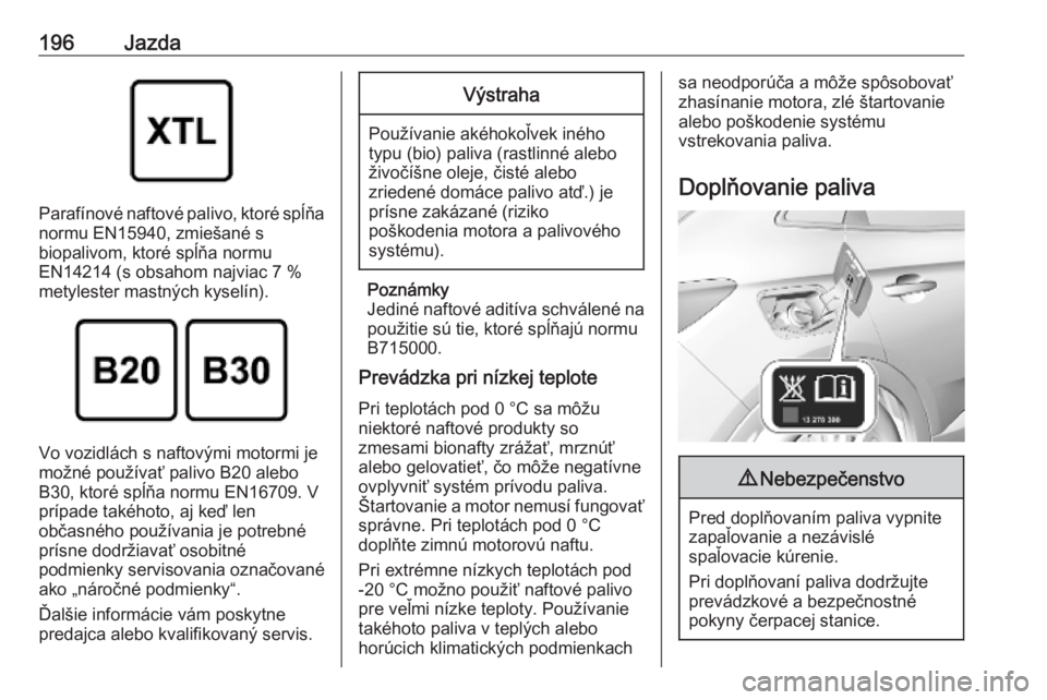 OPEL GRANDLAND X 2019.75  Používateľská príručka (in Slovak) 196Jazda
Parafínové naftové palivo, ktoré spĺňanormu EN15940, zmiešané s
biopalivom, ktoré spĺňa normu
EN14214 (s obsahom najviac 7 %
metylester mastných kyselín).
Vo vozidlách s naftov�