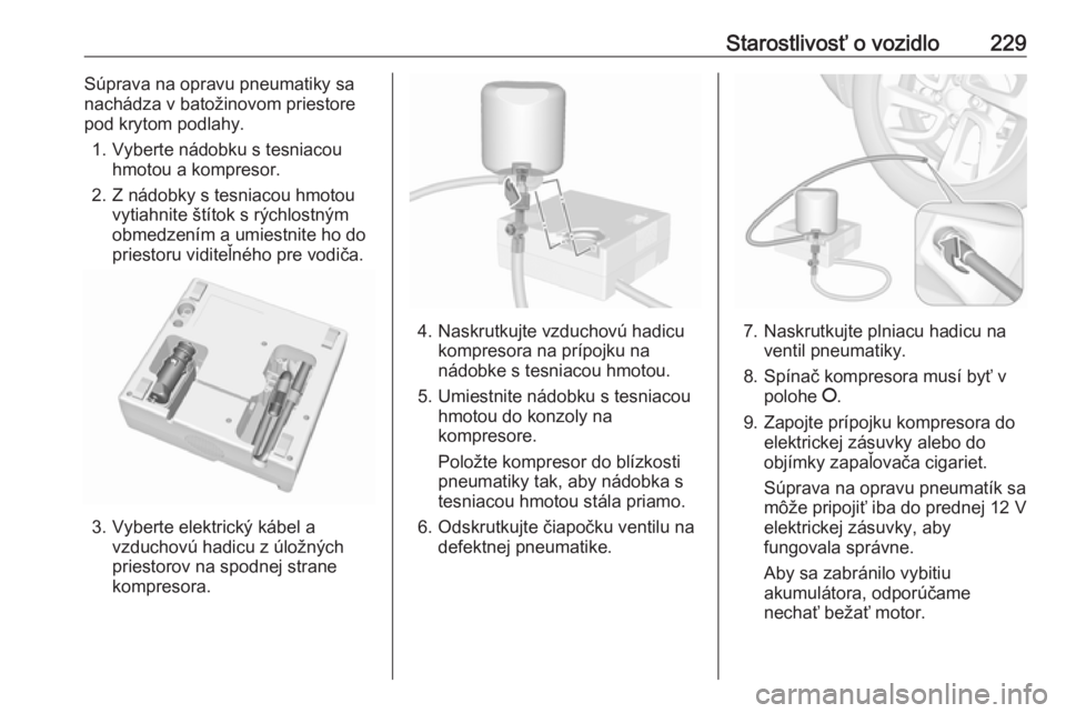 OPEL GRANDLAND X 2019.75  Používateľská príručka (in Slovak) Starostlivosť o vozidlo229Súprava na opravu pneumatiky sa
nachádza v batožinovom priestore
pod krytom podlahy.
1. Vyberte nádobku s tesniacou hmotou a kompresor.
2. Z nádobky s tesniacou hmotou 
