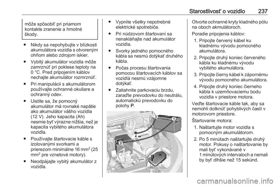 OPEL GRANDLAND X 2019.75  Používateľská príručka (in Slovak) Starostlivosť o vozidlo237môže spôsobiť pri priamom
kontakte zranenie a hmotné
škody.
● Nikdy sa nepohybujte v blízkosti akumulátora vozidla s otvorenýmohňom alebo zdrojom iskier.
● Vyb