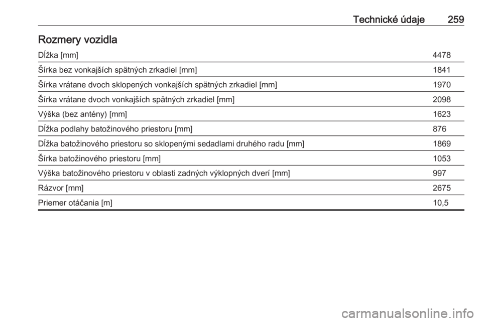 OPEL GRANDLAND X 2019.75  Používateľská príručka (in Slovak) Technické údaje259Rozmery vozidlaDĺžka [mm]4478Šírka bez vonkajších spätných zrkadiel [mm]1841Šírka vrátane dvoch sklopených vonkajších spätných zrkadiel [mm]1970Šírka vrátane dvo