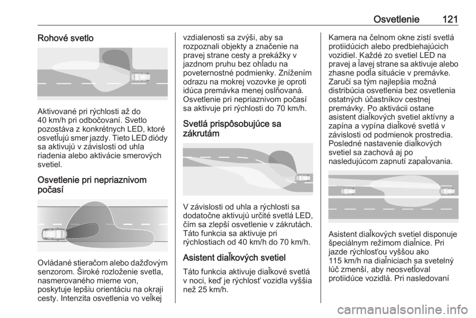 OPEL GRANDLAND X 2020  Používateľská príručka (in Slovak) Osvetlenie121Rohové svetlo
Aktivované pri rýchlosti až do
40 km/h pri odbočovaní. Svetlo
pozostáva z konkrétnych LED, ktoré
osvetľujú smer jazdy. Tieto LED diódy sa aktivujú v závislosti