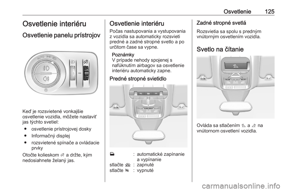 OPEL GRANDLAND X 2020  Používateľská príručka (in Slovak) Osvetlenie125Osvetlenie interiéru
Osvetlenie panelu prístrojov
Keď je rozsvietené vonkajšie
osvetlenie vozidla, môžete nastaviť
jas týchto svetiel:
● osvetlenie prístrojovej dosky● Infor