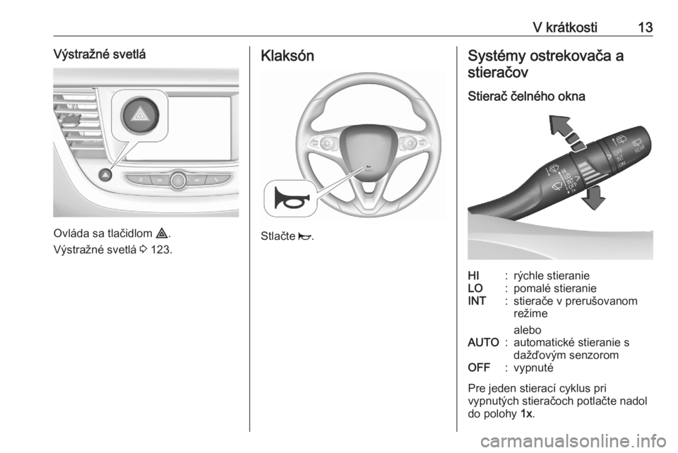 OPEL GRANDLAND X 2020  Používateľská príručka (in Slovak) V krátkosti13Výstražné svetlá
Ovláda sa tlačidlom ¨.
Výstražné svetlá  3 123.
Klaksón
Stlačte  j.
Systémy ostrekovača a
stieračov
Stierač čelného oknaHI:rýchle stieranieLO:pomalé