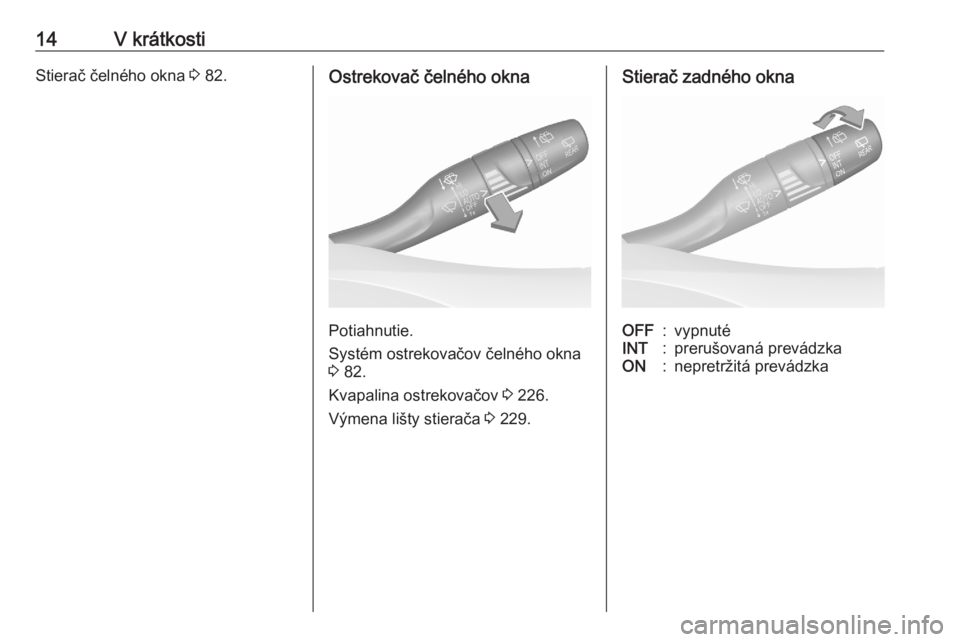 OPEL GRANDLAND X 2020  Používateľská príručka (in Slovak) 14V krátkostiStierač čelného okna 3 82.Ostrekovač čelného okna
Potiahnutie.
Systém ostrekovačov čelného okna
3  82.
Kvapalina ostrekovačov  3 226.
Výmena lišty stierača  3 229.
Stierač