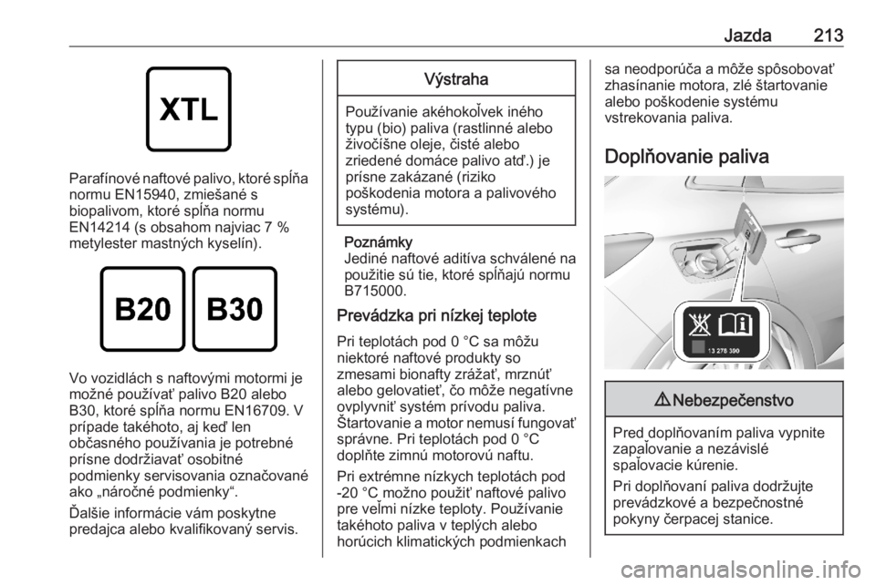 OPEL GRANDLAND X 2020  Používateľská príručka (in Slovak) Jazda213
Parafínové naftové palivo, ktoré spĺňanormu EN15940, zmiešané s
biopalivom, ktoré spĺňa normu
EN14214 (s obsahom najviac 7 %
metylester mastných kyselín).
Vo vozidlách s naftov�