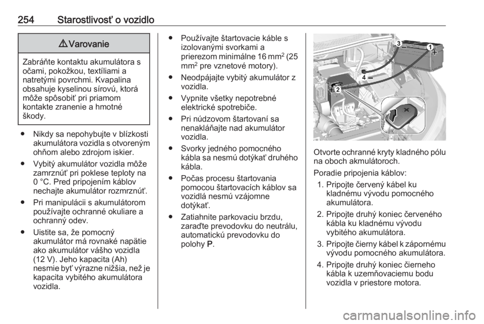 OPEL GRANDLAND X 2020  Používateľská príručka (in Slovak) 254Starostlivosť o vozidlo9Varovanie
Zabráňte kontaktu akumulátora s
očami, pokožkou, textíliami a
natretými povrchmi. Kvapalina
obsahuje kyselinou sírovú, ktorá
môže spôsobiť pri priam