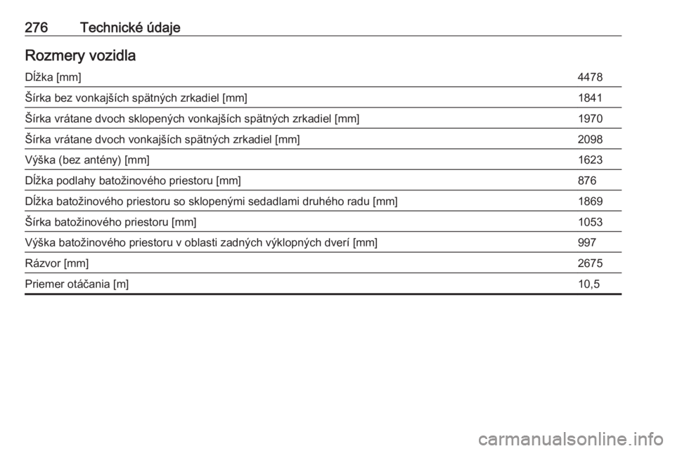OPEL GRANDLAND X 2020  Používateľská príručka (in Slovak) 276Technické údajeRozmery vozidlaDĺžka [mm]4478Šírka bez vonkajších spätných zrkadiel [mm]1841Šírka vrátane dvoch sklopených vonkajších spätných zrkadiel [mm]1970Šírka vrátane dvo