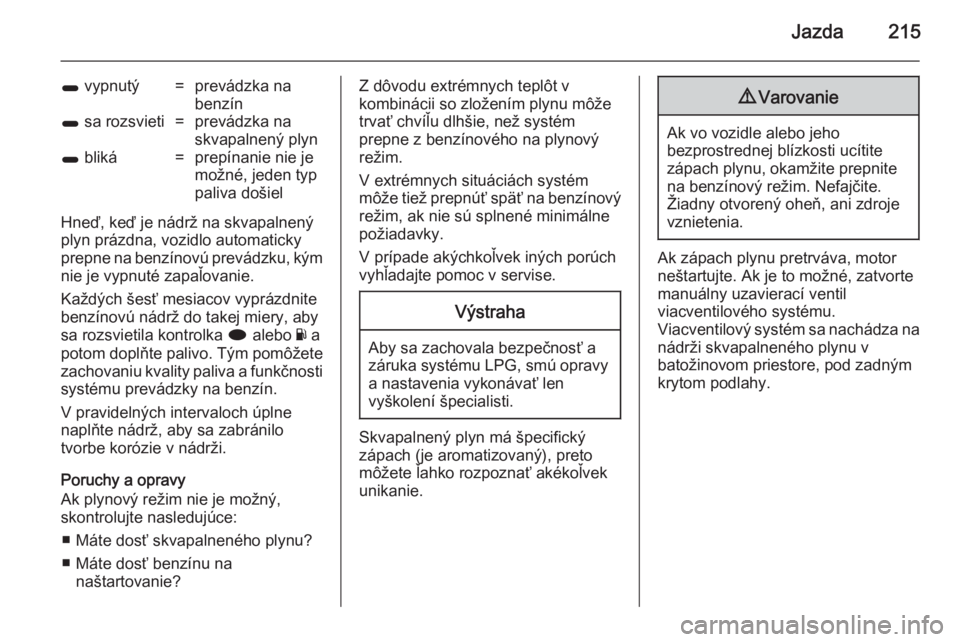 OPEL INSIGNIA 2014  Používateľská príručka (in Slovak) Jazda215
1 vypnutý=prevádzka na
benzín1  sa rozsvieti=prevádzka na
skvapalnený plyn1  bliká=prepínanie nie je
možné, jeden typ
paliva došiel
Hneď, keď je nádrž na skvapalnený
plyn práz