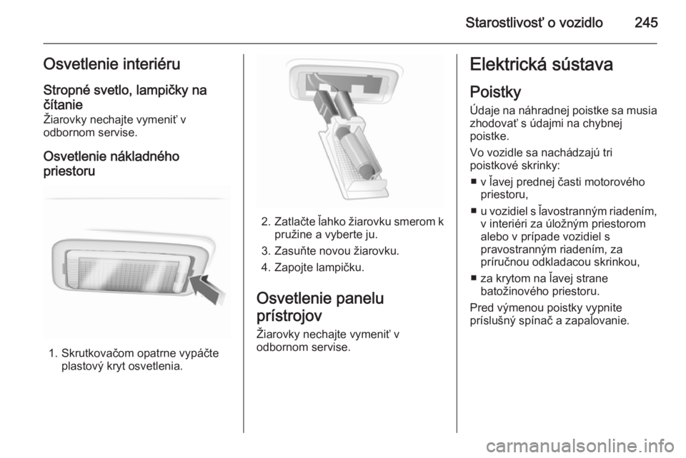OPEL INSIGNIA 2014  Používateľská príručka (in Slovak) Starostlivosť o vozidlo245Osvetlenie interiéru
Stropné svetlo, lampičky na
čítanie
Žiarovky nechajte vymeniť v
odbornom servise.
Osvetlenie nákladného priestoru
1. Skrutkovačom opatrne vyp�