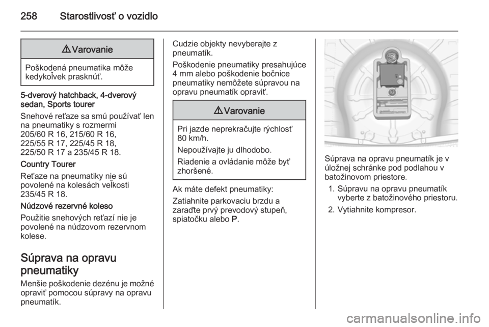 OPEL INSIGNIA 2014  Používateľská príručka (in Slovak) 258Starostlivosť o vozidlo9Varovanie
Poškodená pneumatika môže
kedykoľvek prasknúť.
5-dverový hatchback, 4-dverový
sedan, Sports tourer
Snehové reťaze sa smú používať len
na pneumatiky