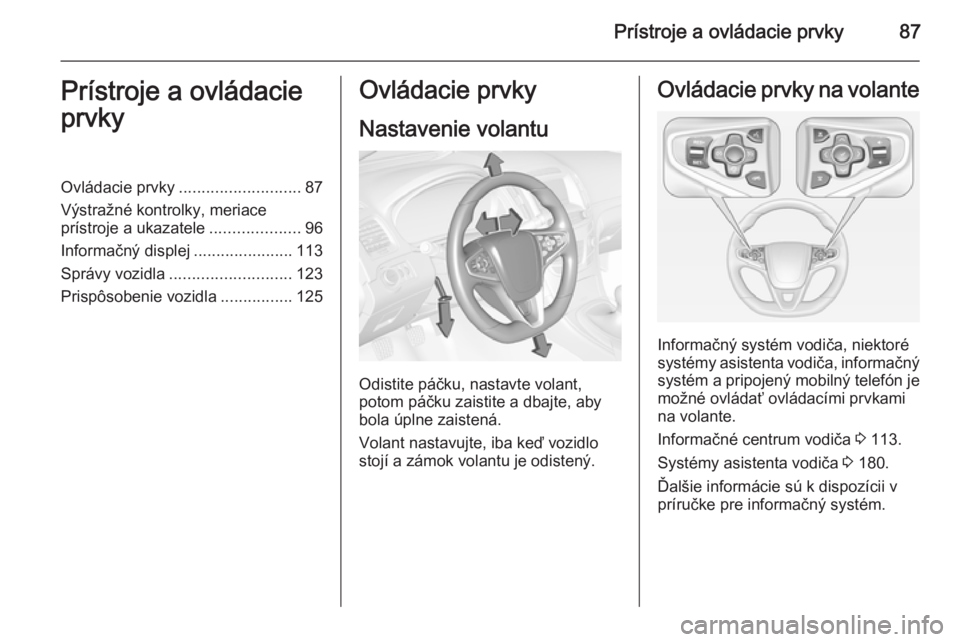 OPEL INSIGNIA 2014  Používateľská príručka (in Slovak) Prístroje a ovládacie prvky87Prístroje a ovládacie
prvkyOvládacie prvky ........................... 87
Výstražné kontrolky, meriace
prístroje a ukazatele ....................96
Informačný d