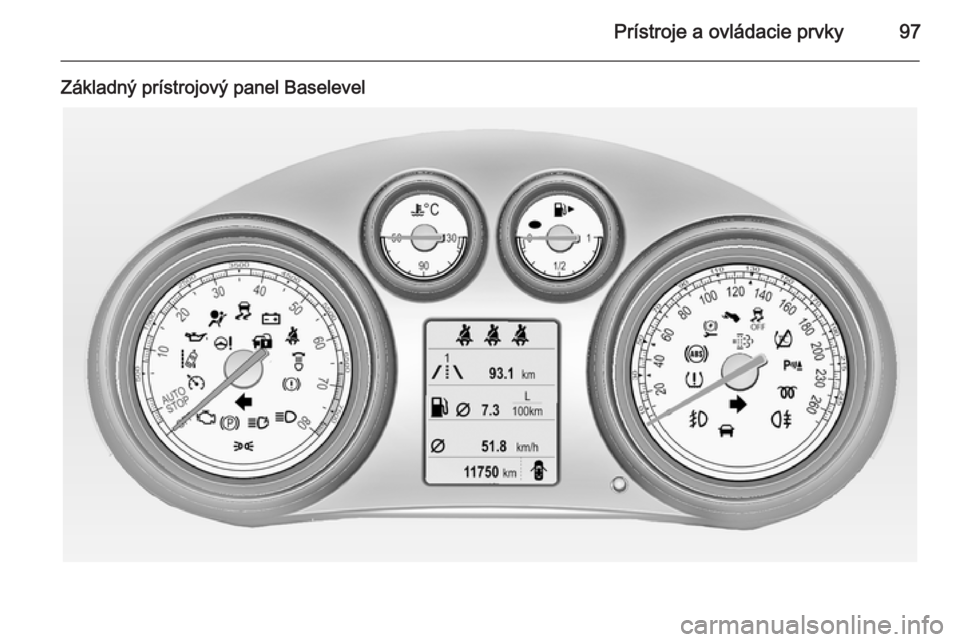 OPEL INSIGNIA 2014  Používateľská príručka (in Slovak) Prístroje a ovládacie prvky97
Základný prístrojový panel Baselevel 