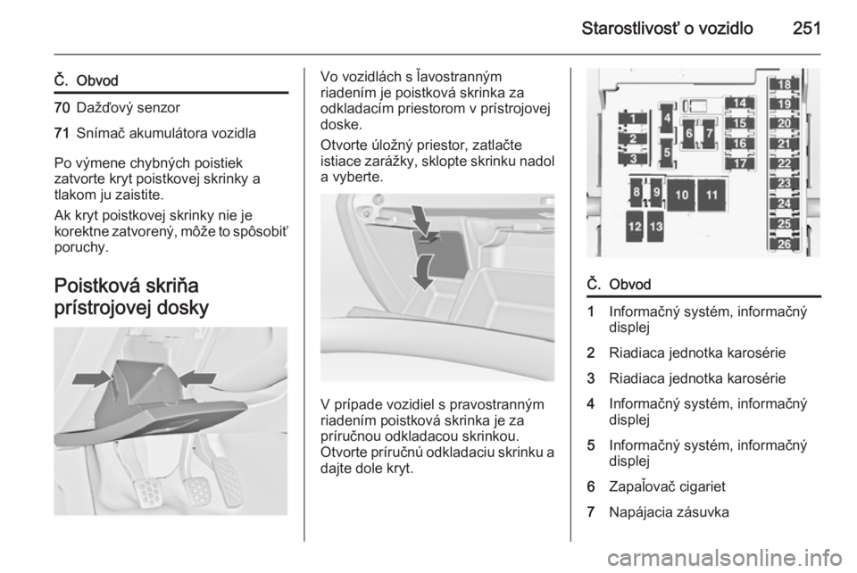 OPEL INSIGNIA 2014.5  Používateľská príručka (in Slovak) Starostlivosť o vozidlo251
Č.Obvod70Dažďový senzor71Snímač akumulátora vozidla
Po výmene chybných poistiek
zatvorte kryt poistkovej skrinky a
tlakom ju zaistite.
Ak kryt poistkovej skrinky n