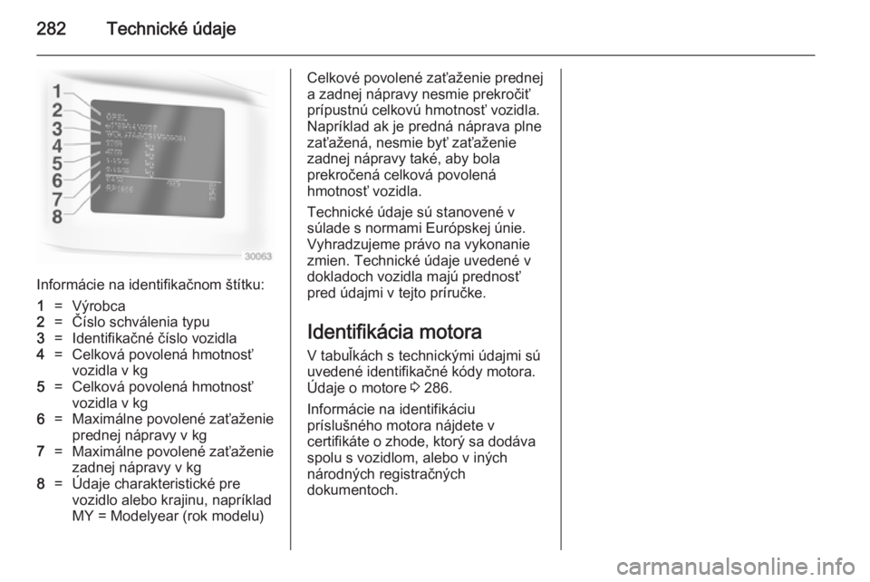 OPEL INSIGNIA 2014.5  Používateľská príručka (in Slovak) 282Technické údaje
Informácie na identifikačnom štítku:
1=Výrobca2=Číslo schválenia typu3=Identifikačné číslo vozidla4=Celková povolená hmotnosť
vozidla v kg5=Celková povolená hmotn