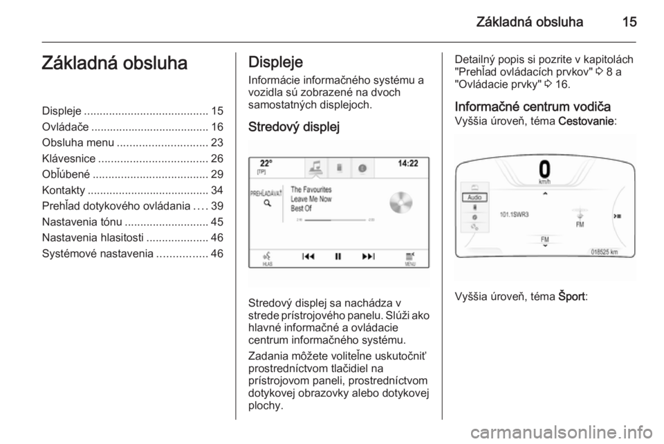 OPEL INSIGNIA 2015  Návod na obsluhu informačného systému (in Slovak) Základná obsluha15Základná obsluhaDispleje........................................ 15
Ovládače ...................................... 16
Obsluha menu ............................. 23
Klávesnice