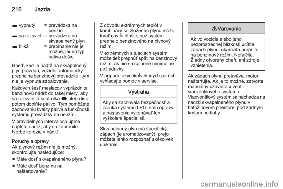 OPEL INSIGNIA 2015  Používateľská príručka (in Slovak) 216Jazda
1 vypnutý=prevádzka na
benzín1  sa rozsvieti=prevádzka na
skvapalnený plyn1  bliká=prepínanie nie je
možné, jeden typ
paliva došiel
Hneď, keď je nádrž na skvapalnený
plyn práz