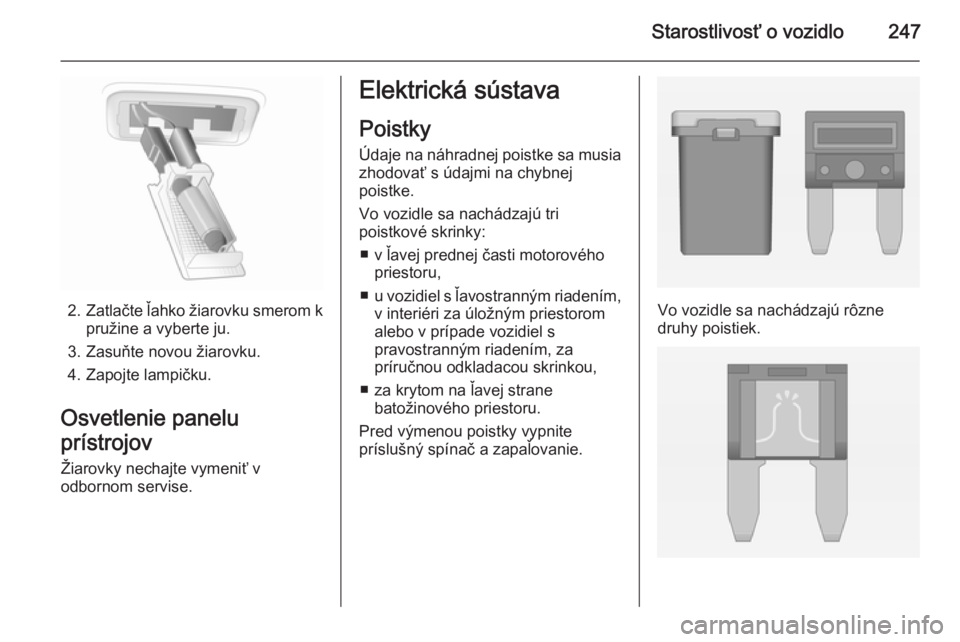 OPEL INSIGNIA 2015  Používateľská príručka (in Slovak) Starostlivosť o vozidlo247
2.Zatlačte ľahko žiarovku smerom k
pružine a vyberte ju.
3. Zasuňte novou žiarovku.
4. Zapojte lampičku.
Osvetlenie panelu
prístrojov Žiarovky nechajte vymeniť v
