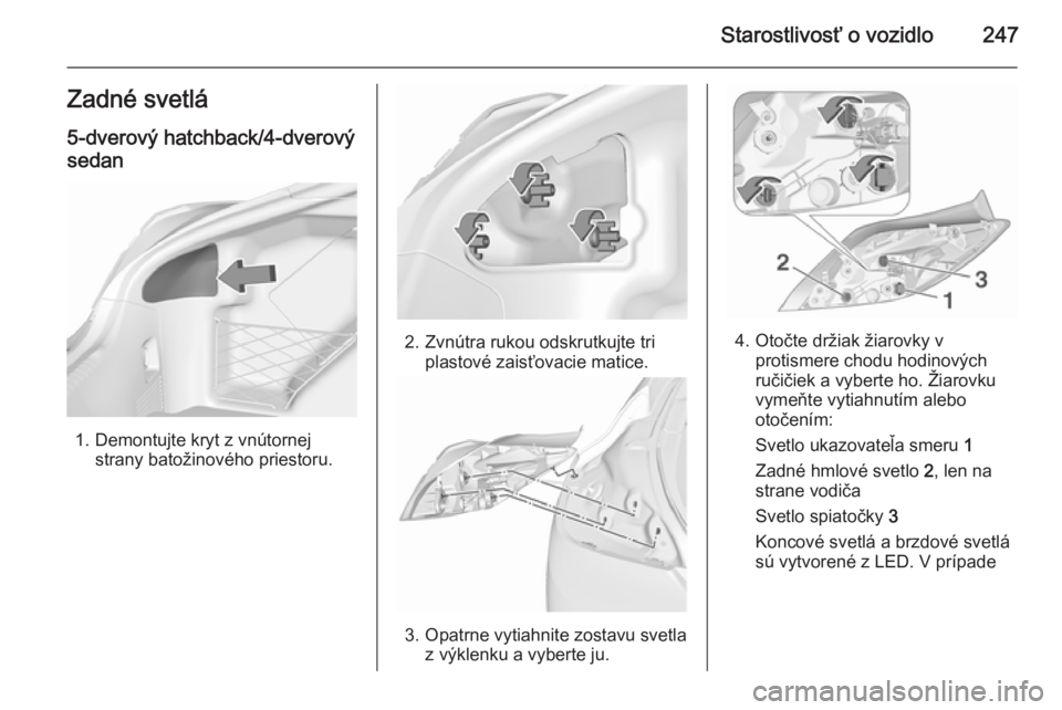 OPEL INSIGNIA 2015.5  Používateľská príručka (in Slovak) Starostlivosť o vozidlo247Zadné svetlá5-dverový hatchback/4-dverový
sedan
1. Demontujte kryt z vnútornej strany batožinového priestoru.
2. Zvnútra rukou odskrutkujte triplastové zaisťovacie