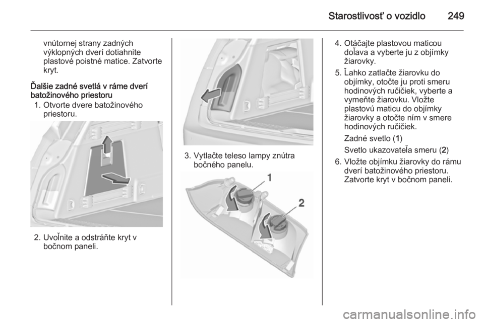 OPEL INSIGNIA 2015.5  Používateľská príručka (in Slovak) Starostlivosť o vozidlo249
vnútornej strany zadných
výklopných dverí dotiahnite
plastové poistné matice. Zatvorte
kryt.
Ďalšie zadné svetlá v ráme dverí batožinového priestoru
1. Otvor