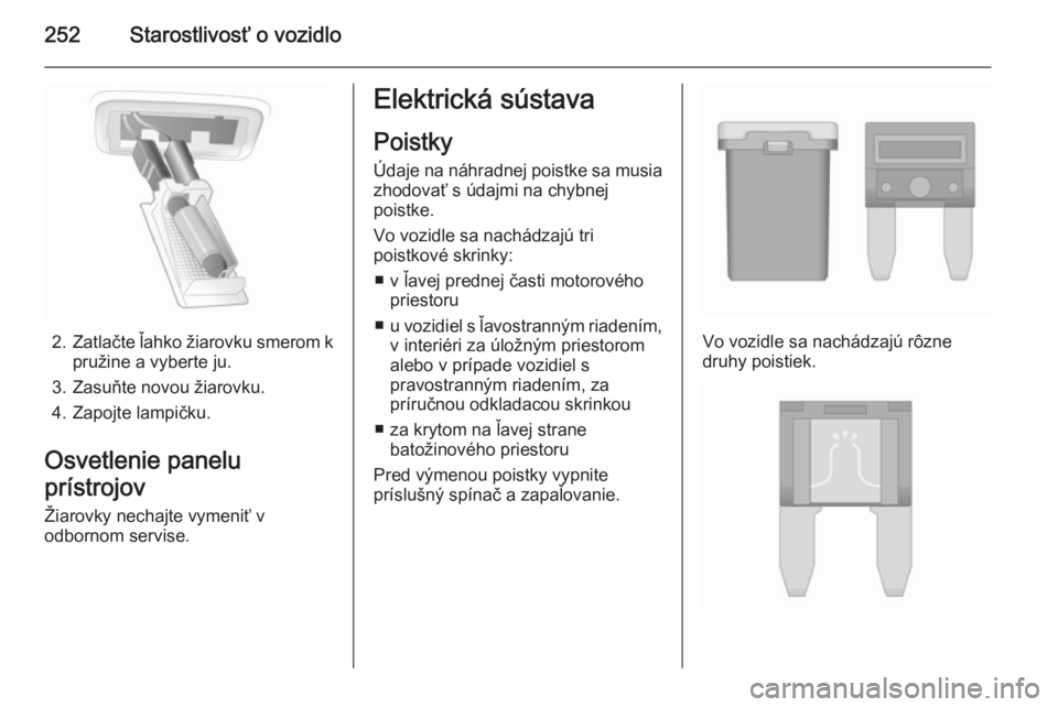 OPEL INSIGNIA 2015.5  Používateľská príručka (in Slovak) 252Starostlivosť o vozidlo
2.Zatlačte ľahko žiarovku smerom k
pružine a vyberte ju.
3. Zasuňte novou žiarovku.
4. Zapojte lampičku.
Osvetlenie panelu
prístrojov Žiarovky nechajte vymeniť v
