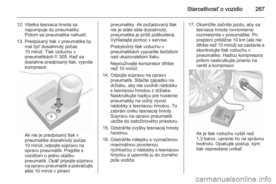 OPEL INSIGNIA 2015.5  Používateľská príručka (in Slovak) Starostlivosť o vozidlo267
12. Všetka tesniaca hmota sanapumpuje do pneumatiky.
Potom sa pneumatika nahustí.
13. Predpísaný tlak v pneumatike by mal byť dosiahnutý počas
10 minút. Tlak vzduch