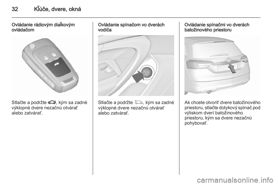 OPEL INSIGNIA 2015.5 Používateľská príručka (in Slovak) 32Kľúče, dvere, okná
Ovládanie rádiovým diaľkovým
ovládačom
Stlačte a podržte x, kým sa zadné
výklopné dvere nezačnú otvárať alebo zatvárať.
Ovládanie spínačom vo dverách
v OPEL INSIGNIA 2015.5 Používateľská príručka (in Slovak) 32Kľúče, dvere, okná
Ovládanie rádiovým diaľkovým
ovládačom
Stlačte a podržte x, kým sa zadné
výklopné dvere nezačnú otvárať alebo zatvárať.
Ovládanie spínačom vo dverách
v