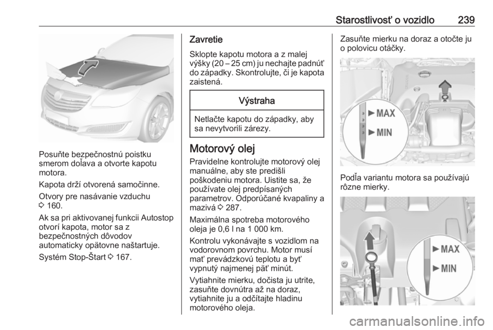 OPEL INSIGNIA 2016  Používateľská príručka (in Slovak) Starostlivosť o vozidlo239
Posuňte bezpečnostnú poistku
smerom doľava a otvorte kapotu
motora.
Kapota drží otvorená samočinne.
Otvory pre nasávanie vzduchu
3  160.
Ak sa pri aktivovanej funk