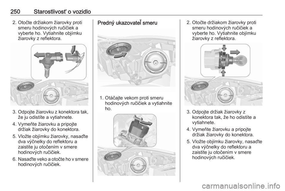 OPEL INSIGNIA 2016  Používateľská príručka (in Slovak) 250Starostlivosť o vozidlo2. Otočte držiakom žiarovky protismeru hodinových ručičiek a
vyberte ho. Vytiahnite objímku
žiarovky z reflektora.
3. Odpojte žiarovku z konektora tak,
že ju odist