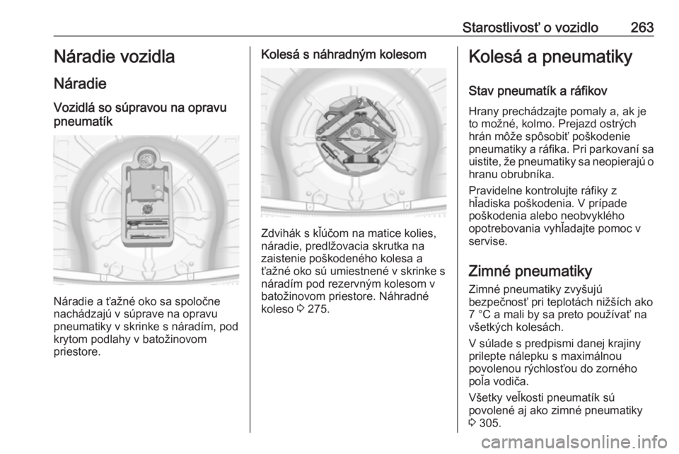OPEL INSIGNIA 2016  Používateľská príručka (in Slovak) Starostlivosť o vozidlo263Náradie vozidla
Náradie Vozidlá so súpravou na opravu
pneumatík
Náradie a ťažné oko sa spoločne
nachádzajú v súprave na opravu
pneumatiky v skrinke s náradím,