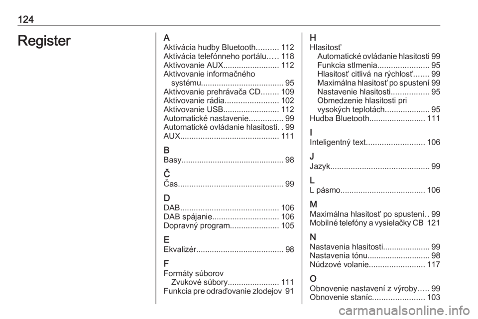 OPEL INSIGNIA 2016.5  Návod na obsluhu informačného systému (in Slovak) 124RegisterAAktivácia hudby Bluetooth ..........112
Aktivácia telefónneho portálu .....118
Aktivovanie AUX .........................112
Aktivovanie informačného systému ........................