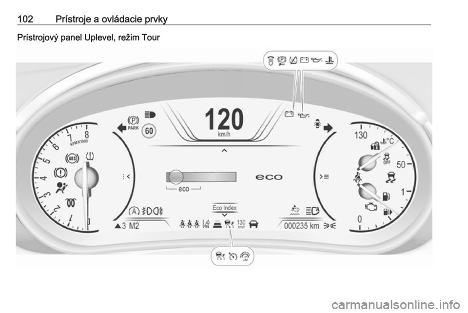OPEL INSIGNIA 2016.5 Používateľská príručka (in Slovak) 102Prístroje a ovládacie prvkyPrístrojový panel Uplevel, režim Tour OPEL INSIGNIA 2016.5 Používateľská príručka (in Slovak) 102Prístroje a ovládacie prvkyPrístrojový panel Uplevel, režim Tour