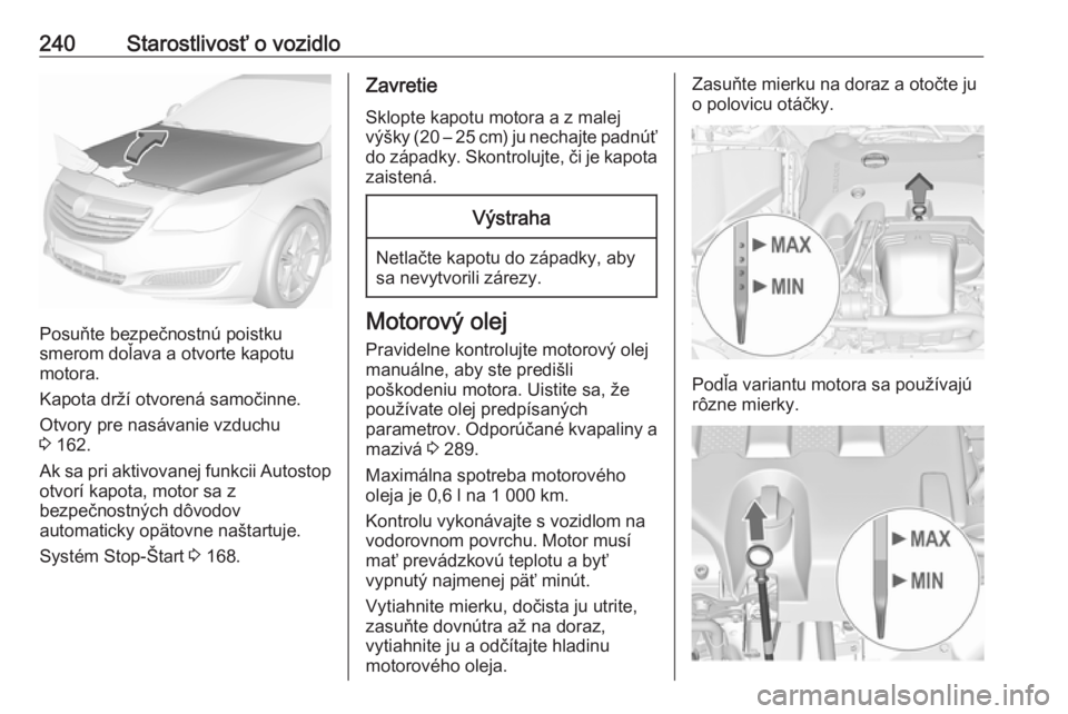 OPEL INSIGNIA 2016.5  Používateľská príručka (in Slovak) 240Starostlivosť o vozidlo
Posuňte bezpečnostnú poistku
smerom doľava a otvorte kapotu
motora.
Kapota drží otvorená samočinne.
Otvory pre nasávanie vzduchu
3  162.
Ak sa pri aktivovanej funk