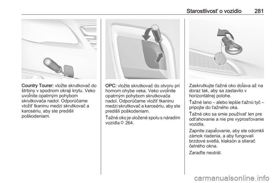 OPEL INSIGNIA 2016.5  Používateľská príručka (in Slovak) Starostlivosť o vozidlo281
Country Tourer: vložte skrutkovač do
štrbiny v spodnom okraji krytu. Veko
uvoľnite opatrným pohybom
skrutkovača nadol. Odporúčame
vložiť tkaninu medzi skrutkovač