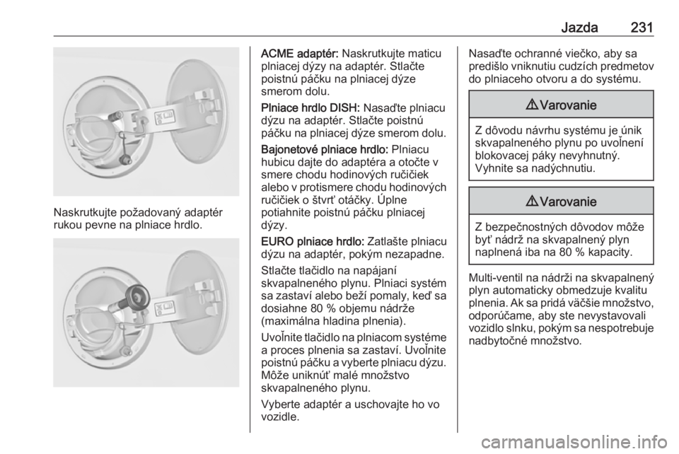 OPEL INSIGNIA 2017  Používateľská príručka (in Slovak) Jazda231
Naskrutkujte požadovaný adaptér
rukou pevne na plniace hrdlo.
ACME adaptér:  Naskrutkujte maticu
plniacej dýzy na adaptér. Stlačte
poistnú páčku na plniacej dýze
smerom dolu.
Plnia