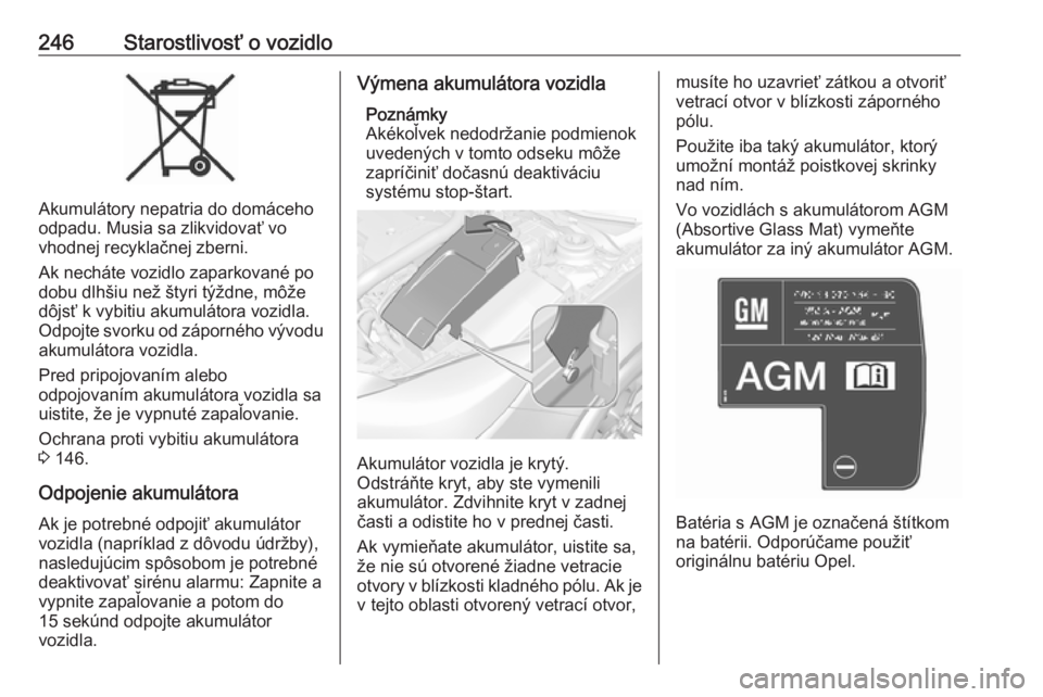 OPEL INSIGNIA 2017  Používateľská príručka (in Slovak) 246Starostlivosť o vozidlo
Akumulátory nepatria do domáceho
odpadu. Musia sa zlikvidovať vo
vhodnej recyklačnej zberni.
Ak necháte vozidlo zaparkované po
dobu dlhšiu než štyri týždne, mô�