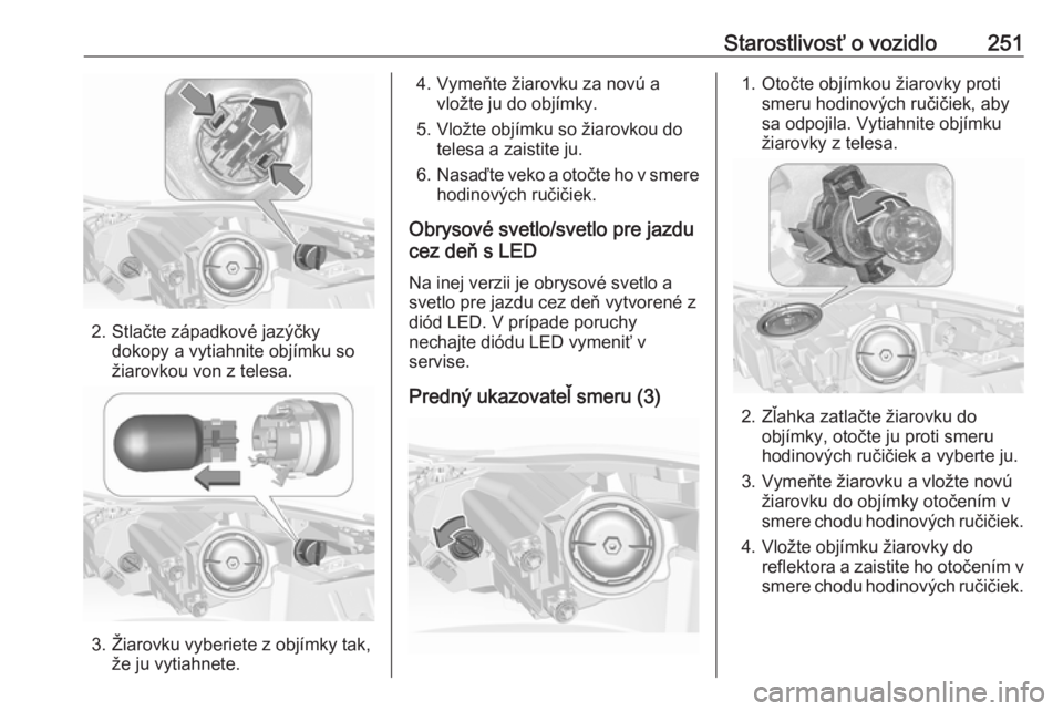 OPEL INSIGNIA 2017  Používateľská príručka (in Slovak) Starostlivosť o vozidlo251
2. Stlačte západkové jazýčkydokopy a vytiahnite objímku so
žiarovkou von z telesa.
3. Žiarovku vyberiete z objímky tak, že ju vytiahnete.
4. Vymeňte žiarovku za
