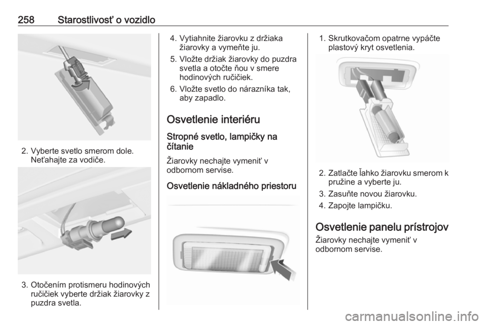 OPEL INSIGNIA 2017  Používateľská príručka (in Slovak) 258Starostlivosť o vozidlo
2. Vyberte svetlo smerom dole.Neťahajte za vodiče.
3. Otočením protismeru hodinovýchručičiek vyberte držiak žiarovky z
puzdra svetla.
4. Vytiahnite žiarovku z dr�