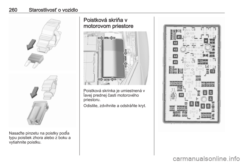 OPEL INSIGNIA 2017  Používateľská príručka (in Slovak) 260Starostlivosť o vozidlo
Nasaďte pinzetu na poistky podľa
typu poistiek zhora alebo z boku a
vytiahnite poistku.
Poistková skriňa v
motorovom priestore
Poistková skrinka je umiestnená v
ľave