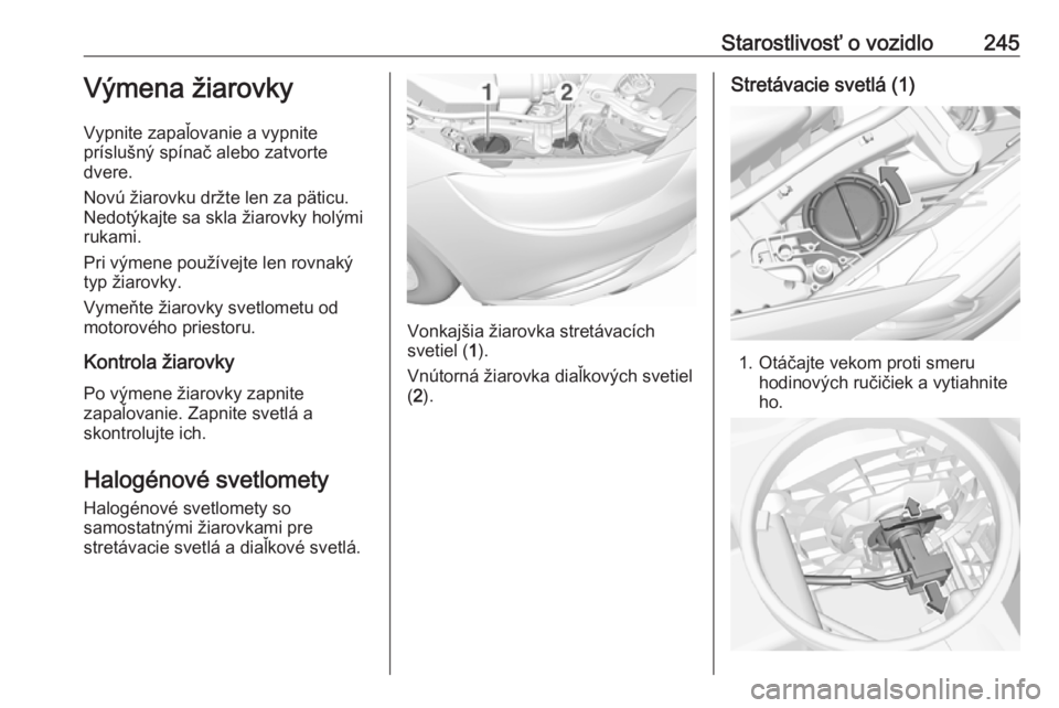 OPEL INSIGNIA BREAK 2017.5  Používateľská príručka (in Slovak) Starostlivosť o vozidlo245Výmena žiarovky
Vypnite zapaľovanie a vypnite
príslušný spínač alebo zatvorte
dvere.
Novú žiarovku držte len za päticu.
Nedotýkajte sa skla žiarovky holými
ru