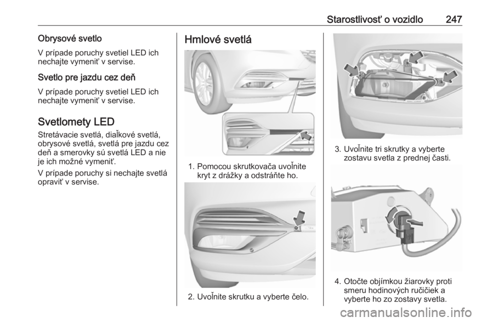 OPEL INSIGNIA BREAK 2017.5  Používateľská príručka (in Slovak) Starostlivosť o vozidlo247Obrysové svetloV prípade poruchy svetiel LED ich
nechajte vymeniť v servise.
Svetlo pre jazdu cez deň
V prípade poruchy svetiel LED ich
nechajte vymeniť v servise.
Sve