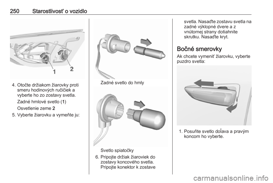 OPEL INSIGNIA BREAK 2017.5  Používateľská príručka (in Slovak) 250Starostlivosť o vozidlo
4. Otočte držiakom žiarovky protismeru hodinových ručičiek avyberte ho zo zostavy svetla.
Zadné hmlové svetlo ( 1)
Osvetlenie zeme  2
5. Vyberte žiarovku a vymeňt