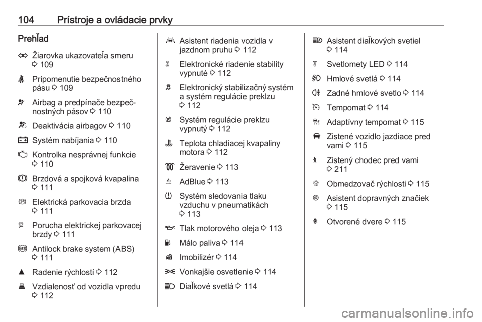 OPEL INSIGNIA BREAK 2017.75  Používateľská príručka (in Slovak) 104Prístroje a ovládacie prvkyPrehľadOŽiarovka ukazovateľa smeru3  109XPripomenutie bezpečnostného
pásu  3 109vAirbag a predpínače bezpeč‐
nostných pásov  3 110VDeaktivácia airbagov  3
