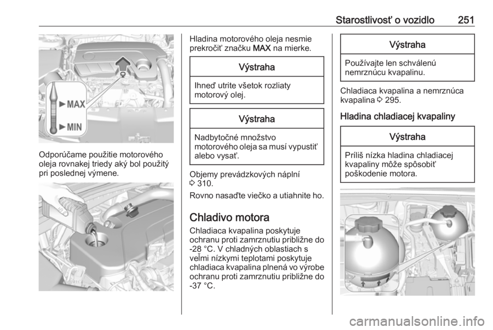OPEL INSIGNIA BREAK 2017.75  Používateľská príručka (in Slovak) Starostlivosť o vozidlo251
Odporúčame použitie motorového
oleja rovnakej triedy aký bol použitý
pri poslednej výmene.
Hladina motorového oleja nesmie
prekročiť značku  MAX na mierke.Výst