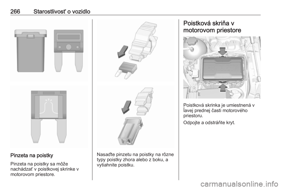 OPEL INSIGNIA BREAK 2017.75  Používateľská príručka (in Slovak) 266Starostlivosť o vozidlo
Pinzeta na poistky
Pinzeta na poistky sa môže
nachádzať v poistkovej skrinke v motorovom priestore.Nasaďte pinzetu na poistky na rôzne
typy poistky zhora alebo z boku