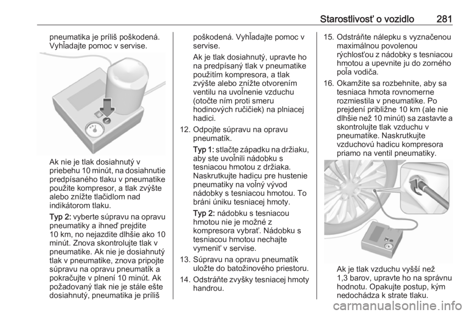 OPEL INSIGNIA BREAK 2017.75  Používateľská príručka (in Slovak) Starostlivosť o vozidlo281pneumatika je príliš poškodená.
Vyhľadajte pomoc v servise.
Ak nie je tlak dosiahnutý v
priebehu 10 minút, na dosiahnutie
predpísaného tlaku v pneumatike
použite k