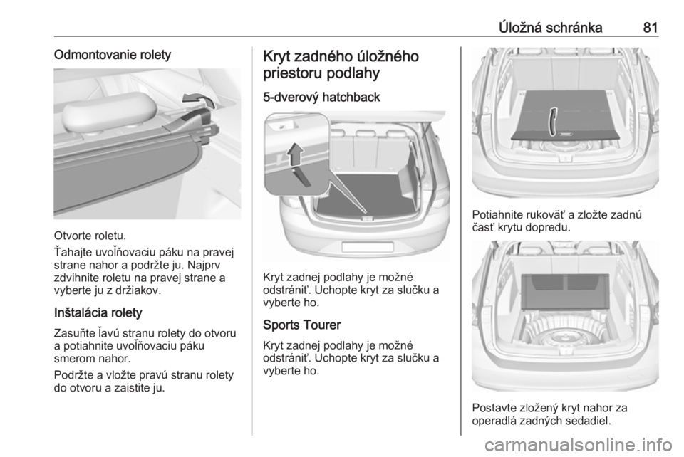 OPEL INSIGNIA BREAK 2017.75  Používateľská príručka (in Slovak) Úložná schránka81Odmontovanie rolety
Otvorte roletu.
Ťahajte uvoľňovaciu páku na pravej
strane nahor a podržte ju. Najprv
zdvihnite roletu na pravej strane a
vyberte ju z držiakov.
Inštalá