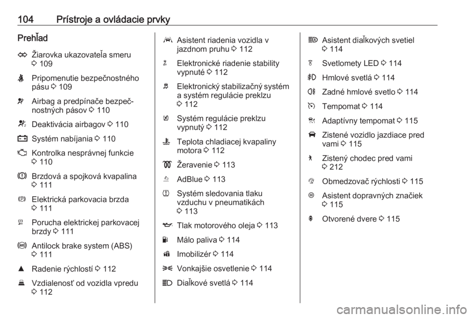 OPEL INSIGNIA BREAK 2018  Používateľská príručka (in Slovak) 104Prístroje a ovládacie prvkyPrehľadOŽiarovka ukazovateľa smeru3  109XPripomenutie bezpečnostného
pásu  3 109vAirbag a predpínače bezpeč‐
nostných pásov  3 110VDeaktivácia airbagov  3