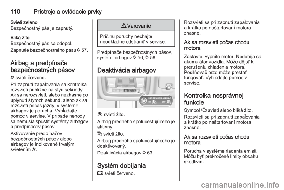 OPEL INSIGNIA BREAK 2018  Používateľská príručka (in Slovak) 110Prístroje a ovládacie prvkySvieti zeleno
Bezpečnostný pás je zapnutý.
Bliká žlto
Bezpečnostný pás sa odopol.
Zapnutie bezpečnostného pásu  3 57.
Airbag a predpínače
bezpečnostných