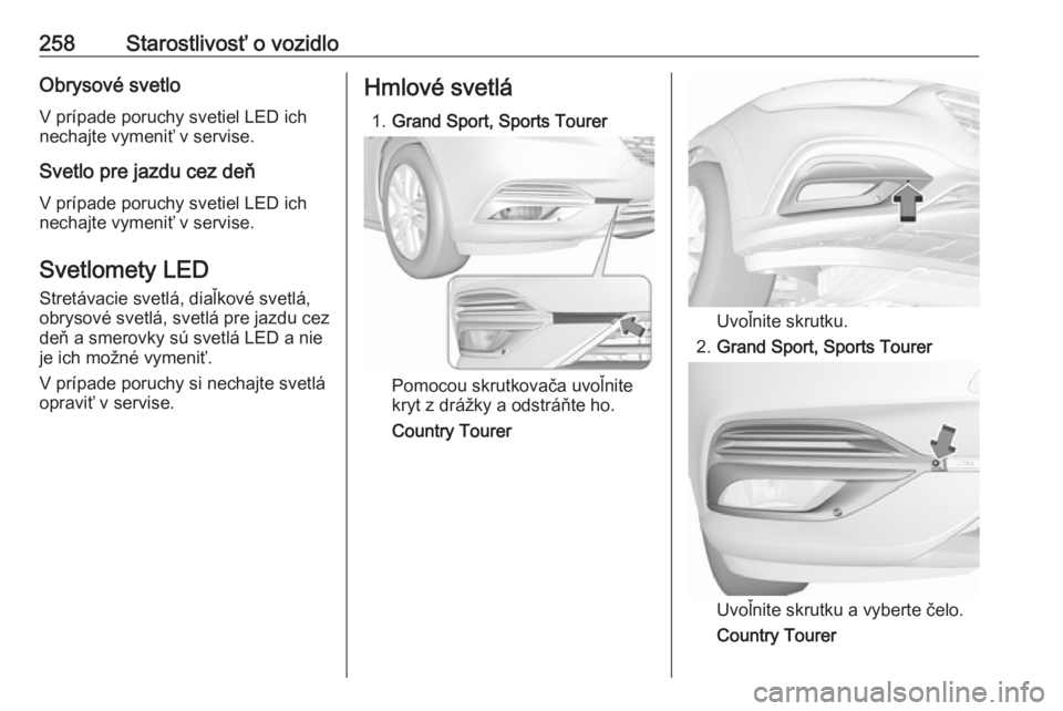 OPEL INSIGNIA BREAK 2018  Používateľská príručka (in Slovak) 258Starostlivosť o vozidloObrysové svetloV prípade poruchy svetiel LED ich
nechajte vymeniť v servise.
Svetlo pre jazdu cez deň
V prípade poruchy svetiel LED ich
nechajte vymeniť v servise.
Sve